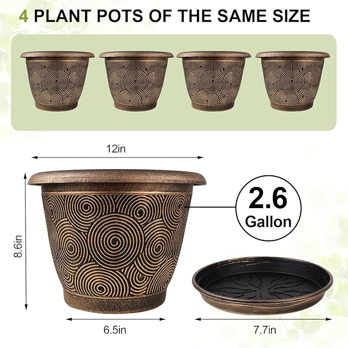 12 Inch Large Planter Pot for Plants Indoor Outdoor, 4 Pack Plastic Flower Pots with Drainage Hole & Tray, Modern Decorative Garden Pot with Saucer, Plant Container for House-VerdiqueGarden