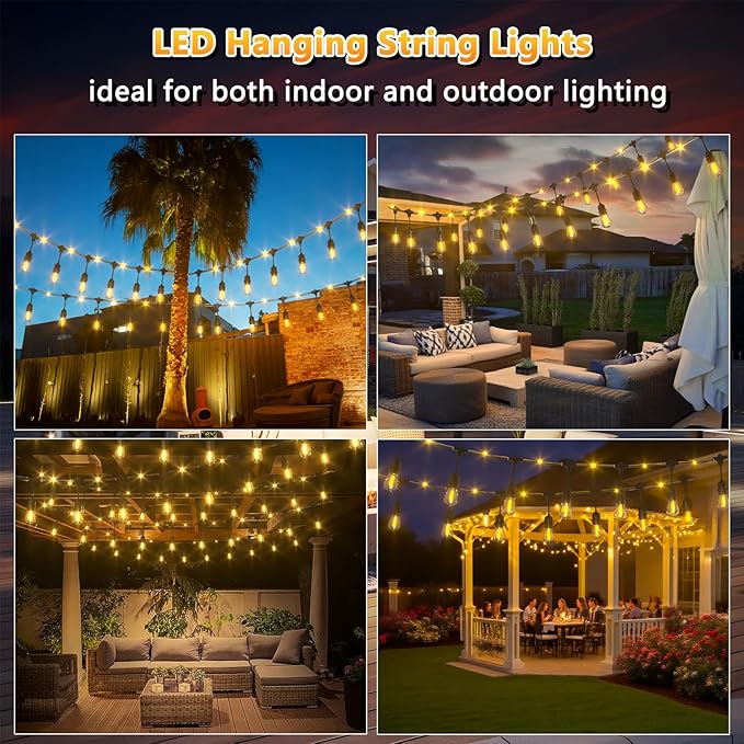 Outdoor String Fairy Lights, 24ft Dimmable Patio Lights with 12+1 S14 Retro Edison Bulbs & 72 Fairy Rope, IP65 Waterproof, LED Outside Hanging Light for Backyard Gazebo Bistro, 10 Strands Connectable-VerdiqueGarden