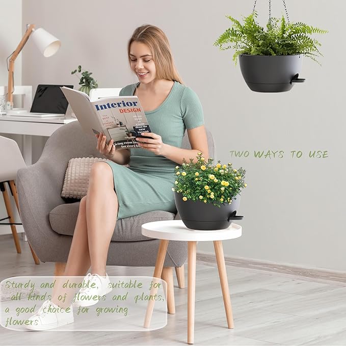 12 Inch Hanging Baskets 2 PC with Chains, Self-Watering Hanging Planters for Indoor Outdoor Plants, Plastic Hanging Flower Pots,Black-VerdiqueGarden