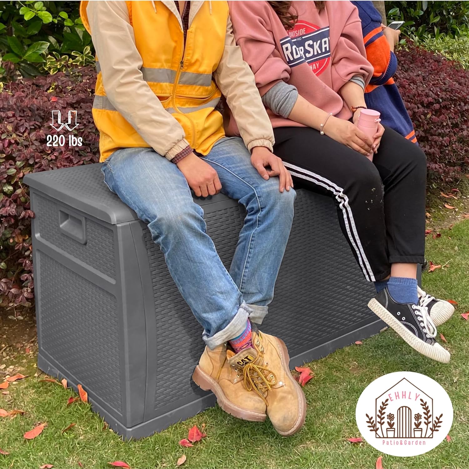 121 Gallon Outdoor Storage Box Large, Lockable Outside Storage Containers Waterproof Patio Cushions Deck Boxes, Rattan Plastic Garden Hose Boxes Resin Pool Storage Bins, Grey-VerdiqueGarden