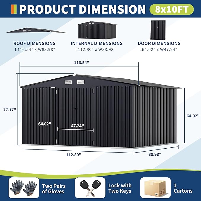 8x10 FT Metal Storage Sheds Outdoor, Metal Yard Sheds MetalGarden Shed Kit, MetalTool Shed with Lockable Door, Utility Buildings with Air Vent for Backyard Garden Patio Lawn-VerdiqueGarden