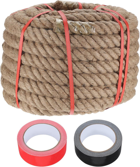 MECCANIXITY Jute Rope 1.5 Inch x 75ft, Thick Twine Rope Ropes Braided Jute Twine Natural Brown Burlap Cord String Heavy Twisted with Tapes for Decorative Crafts Railing Swing Tug of War-VerdiqueGarden