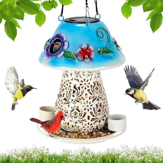 Mushroom Solar Bird Feeders for Outdoors Hanging Metal Wild Bird Feeder Garden Lantern with S Hook for Garden Decoration Blue-VerdiqueGarden