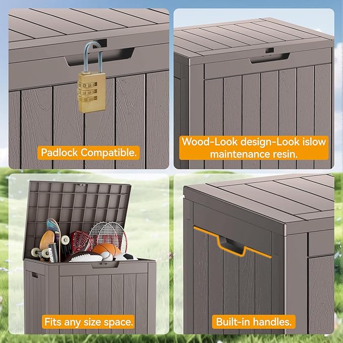 Outdoor Storage Box, 32 Gallon Deck Box Indoor Outdoor Storage Bin,Waterproof Resin Patio Storage Box for Garden Tools,Package Delivery,Pool Accessories,Sports Equipment,Patio Furniture,Lockable-VerdiqueGarden