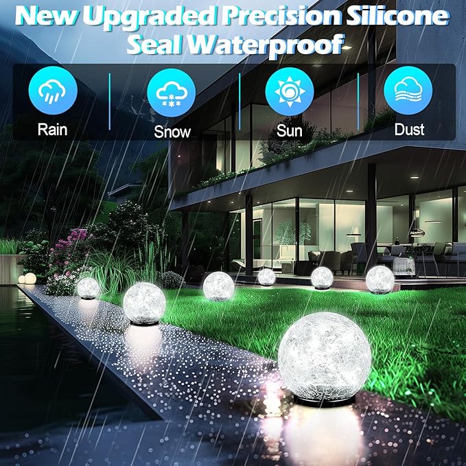 Garden Solar Ball Lights Outdoor Waterproof, 50 LED Cracked Glass Globe Solar Power Ground Lights for Path Yard Patio Lawn, Outdoor Decoration Landscape White (2 Pack 4.7'')-VerdiqueGarden