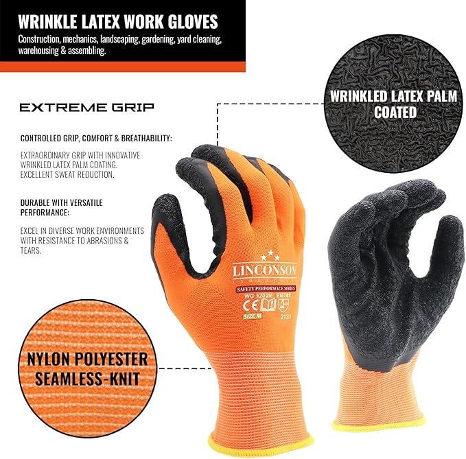 linconson 12 Pack Safety Performance Series Construction Mechanics Wrinkle Latex Work Gloves-VerdiqueGarden