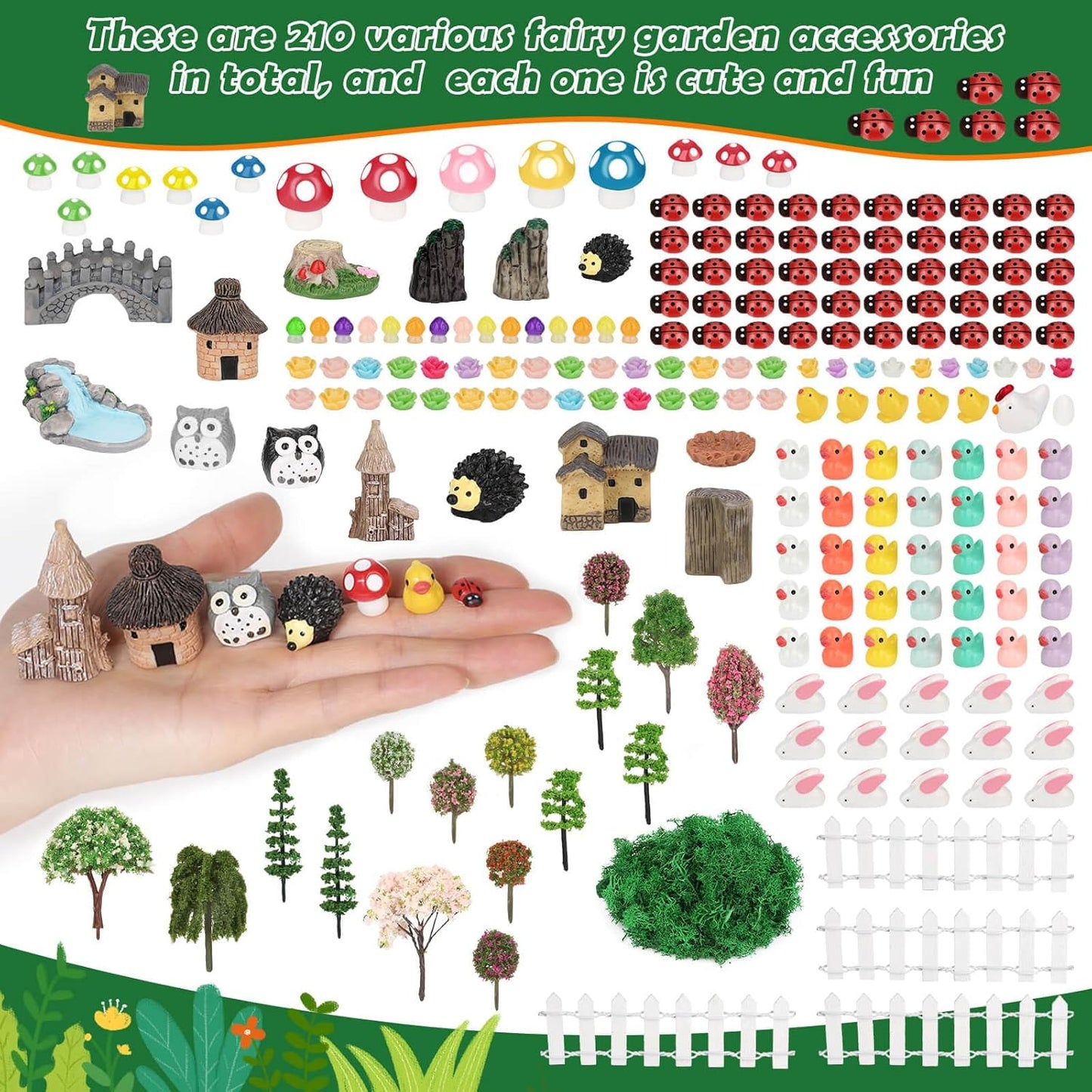 Thrilez 210 Pieces Miniature Fairy Garden Accessories, Including Resin Animals, Miniature Figurines, Micro Landscape Ornaments Kit, Fake Diorama Trees for Fairy Garden Decor-VerdiqueGarden