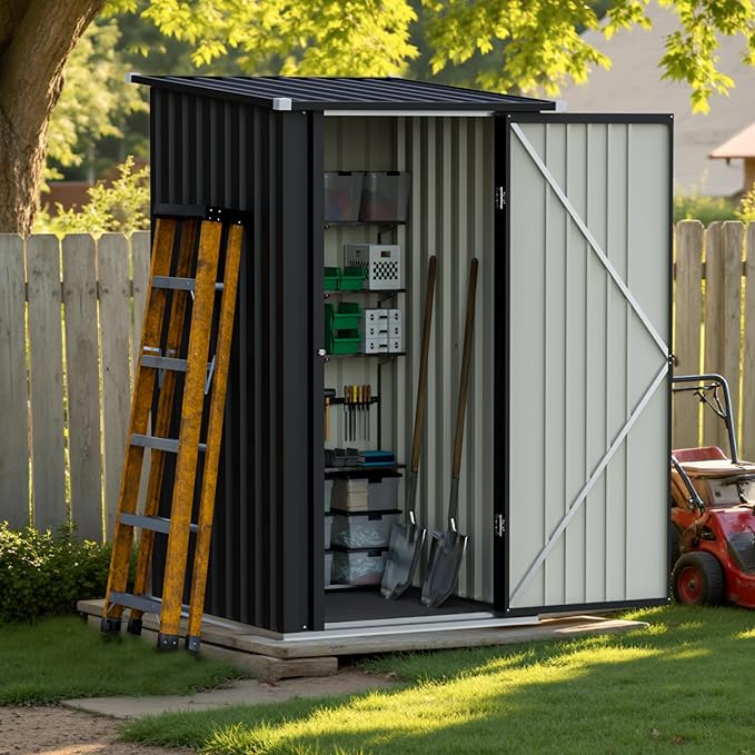 Greesum 3×3FT Outdoor Storage Shed, Metal Sheds with Sloping Roof and Lockable Single Door, Steel Tool Shed for Backyard, Bike, Patio, Garage, Lawn, Black-VerdiqueGarden