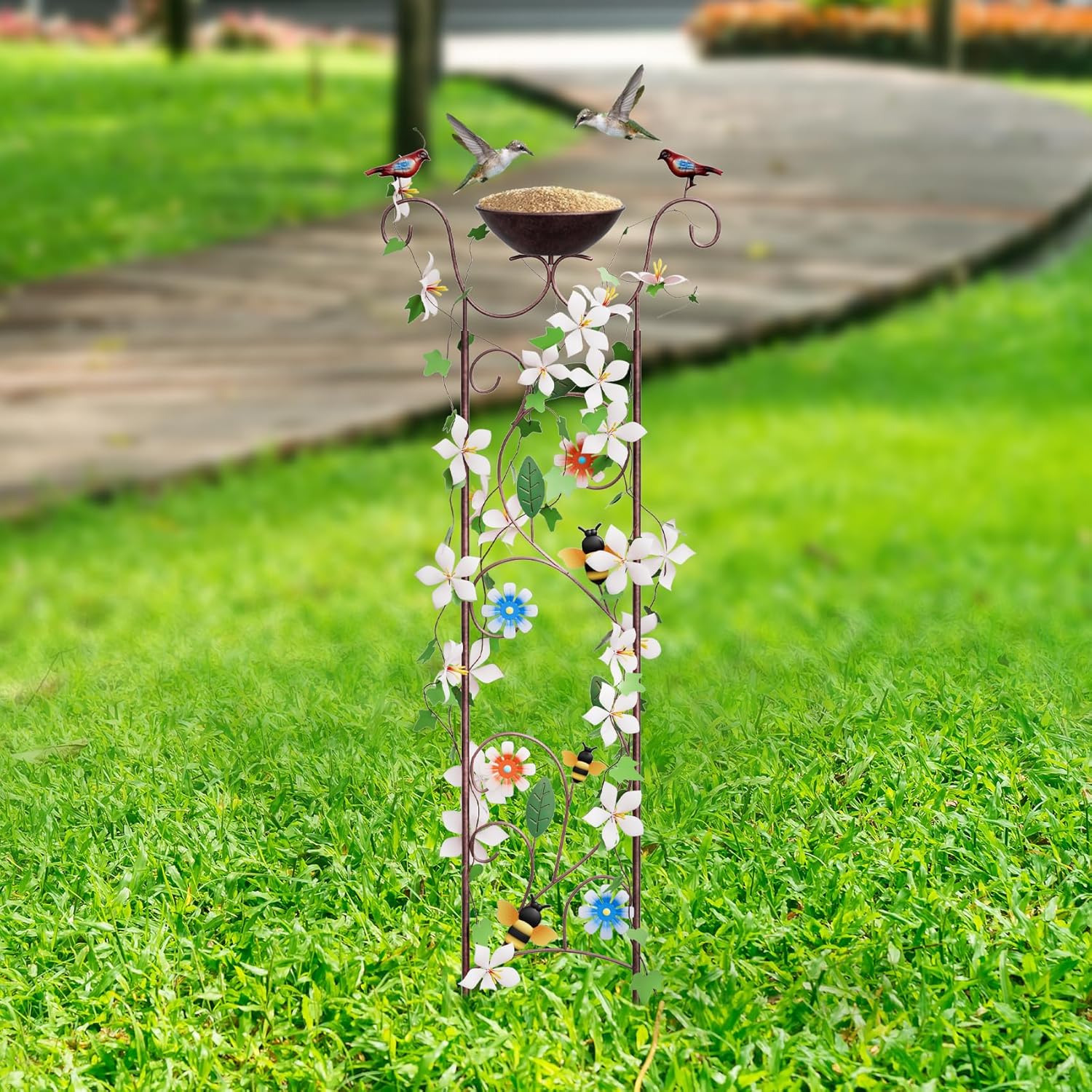 Bird Bath for Outside - Antique Iron Bird Bath with Trellis,Detachable Decorative Hummingbird Bowl,Metal Plant Support for Climbing Flowers,Elegant Outdoor Garden Feature (Honeybee)-VerdiqueGarden