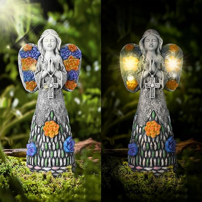 Yiosax-Garden Angels Outdoor Statue-Solar Lights Decor - Solar Angels for Cemetery Grave Cross Praying Succulent Wings Remembrance Angel Figurine Lawn Yard Decorations, White, Yiosax-Angel04-VerdiqueGarden