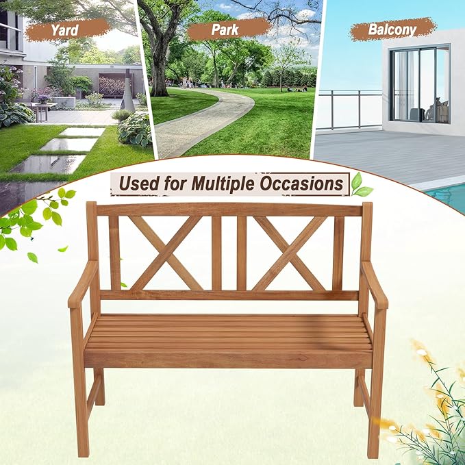 Giantex Patio Garden Bench Loveseat - 2-Person Acacia Wood Bench with Armrest, Backrest, Sturdy Frame, 800lbs Capacity, Outside Park Bench for Patio, Yard, Front Porch, Outdoor Garden Bench, Natural-VerdiqueGarden