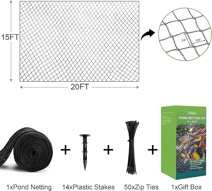 Pond Netting, Pond Netting for Koi Ponds 15 x 20 FT Pond Net, Heavy Duty Woven Fine Mesh Pond Garden Pool Netting Kit for Leaves to Catch Leaves and Debris, Protects Koi Fish from Birds Cats Predators-VerdiqueGarden