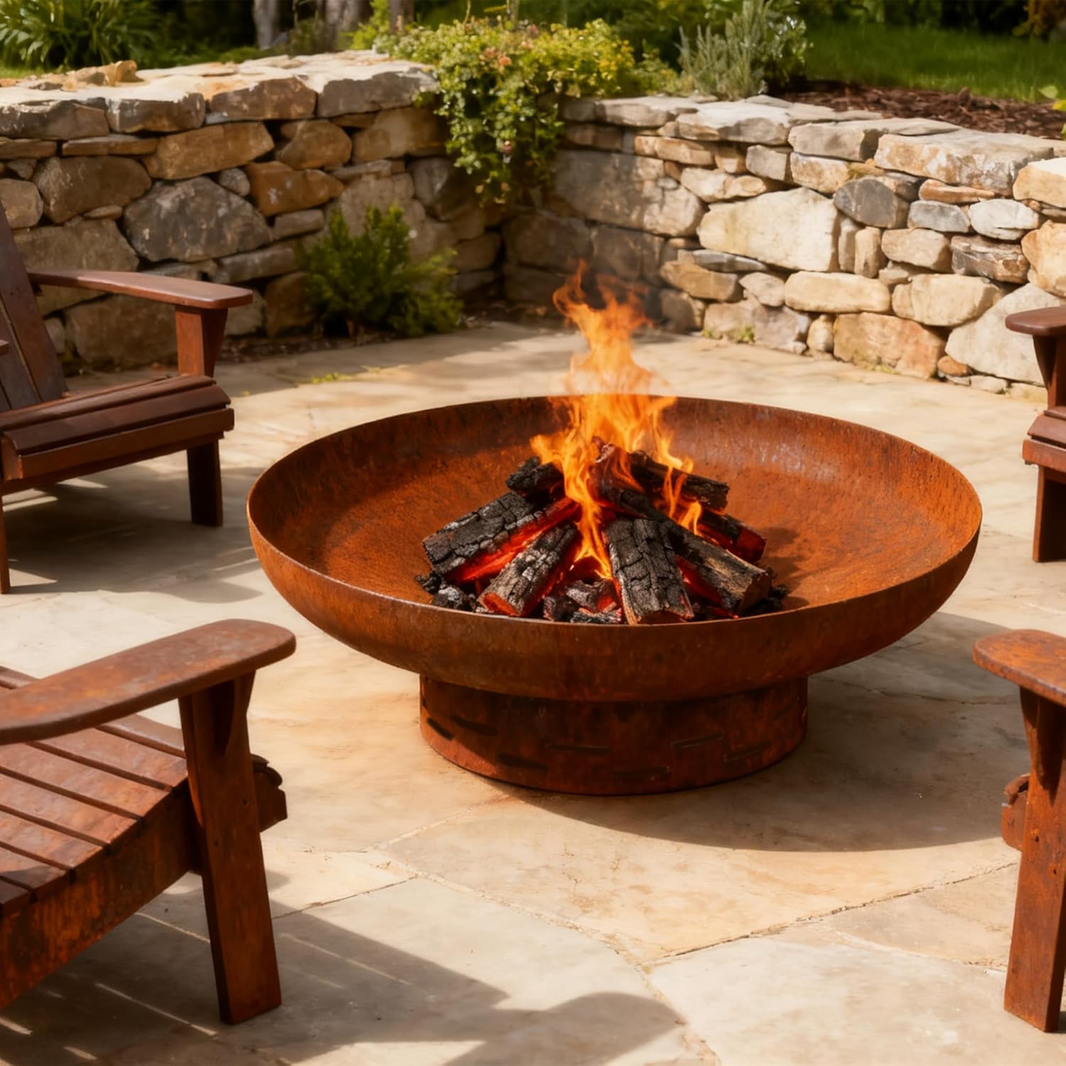 KOL 35" Dia. Heavy-Duty Fire Pit - Pre-Rusted Corten Steel Round Firepit Large Fire Bowl with Stand - Weathering Steel Wood Burning Fireplaces for Outside Backyard Deck Party Bonfire-VerdiqueGarden