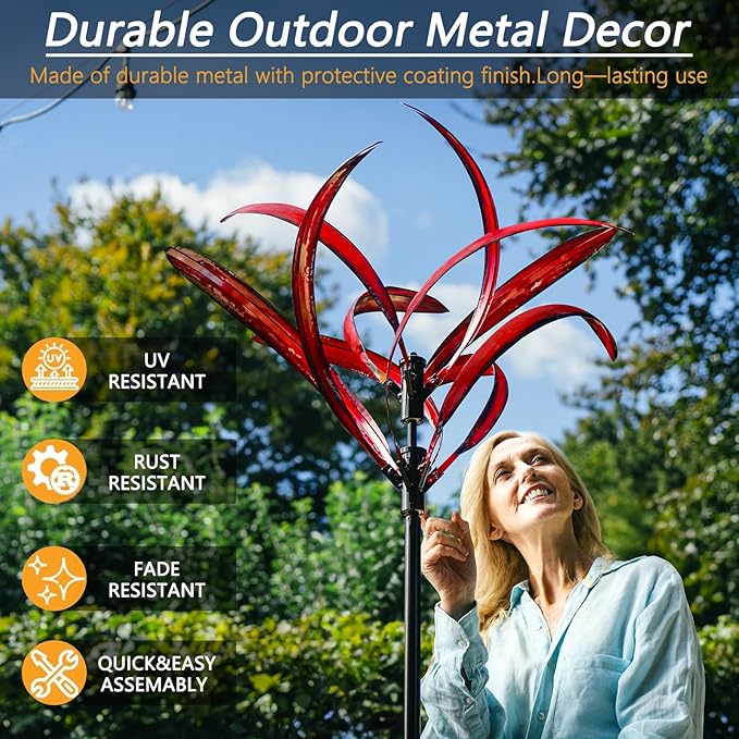 82 inch Wind Spinners Outdoor - Extra Large Metal Wind Sculptures & Spinner with Stake, Big Clearance Windmills for The Yard and Garden, Tall Yard Art Decor-Burgundy Red-VerdiqueGarden