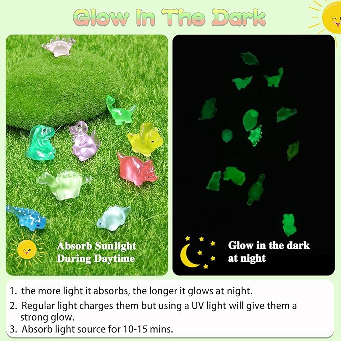 100PCS Luminous Mini Resin Dinosaur Glow in The Dark, 28 Styles Tiny Animals for Hide Garden Micro Landscape Dollhouse Decor Craft-VerdiqueGarden