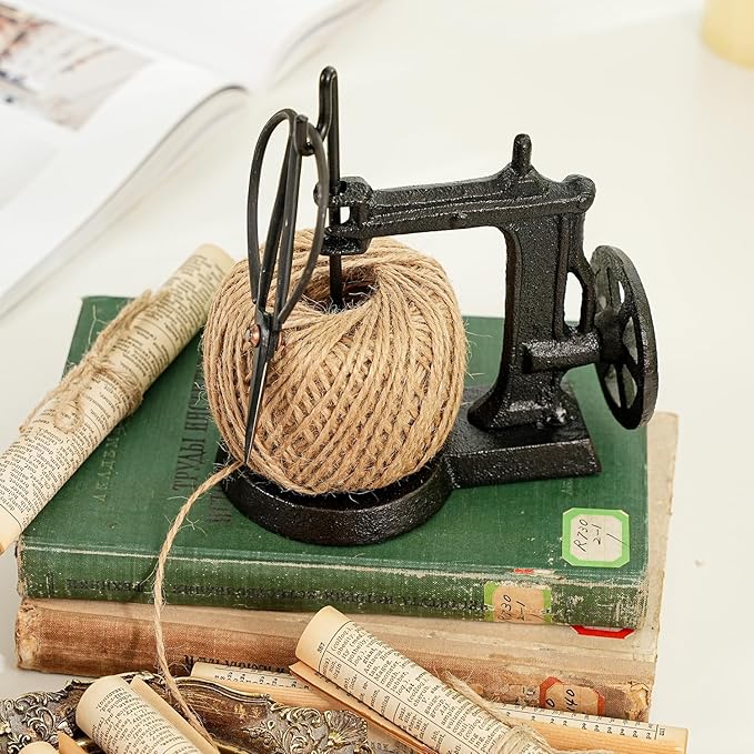 Sungmor Cast Iron Twine Holder and Scissors Set, Vintage Jute Twine Garden String Holder, Decorative Twine Dispenser with Cutter for Crafting, Gardening, Gift Wrapping, Sewing Machine Shape-VerdiqueGarden