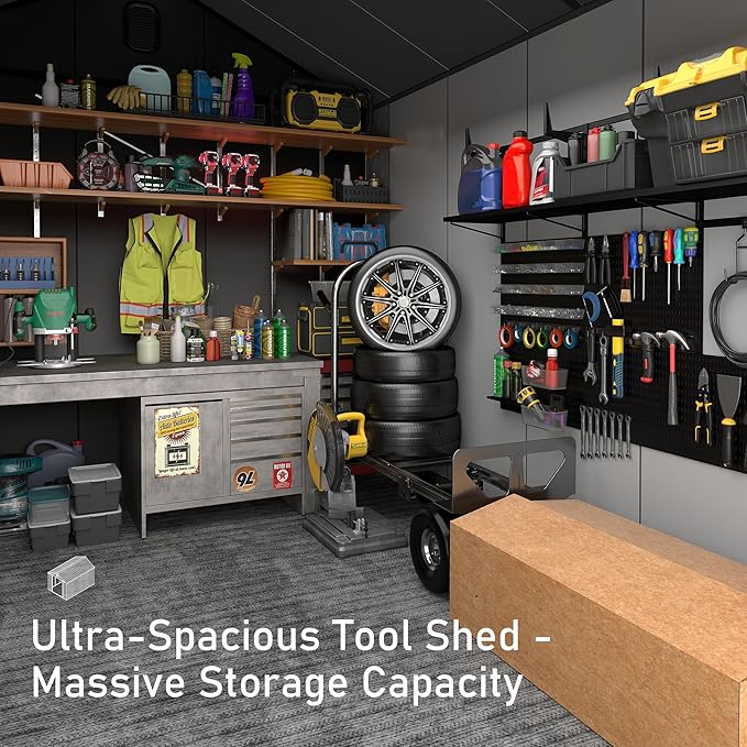 Domi 8x12 FT Outdoor Resin Storage Shed, All-Weather Double-Wall Storage Building for Backyard, Garden, Lawn Tools, Mower, Bike & Pool Equipment, Lockable Doors, Ventilated Roof, Grey-VerdiqueGarden