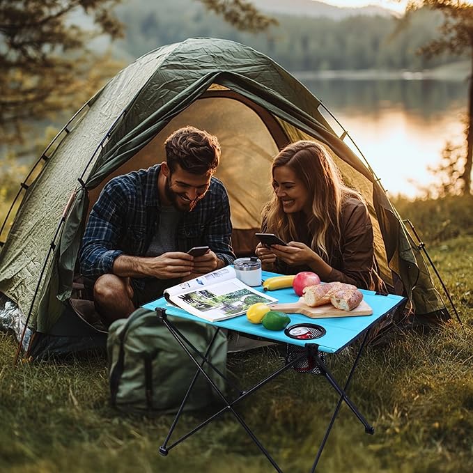 VILLEY Folding Camping Table, Lightweight Portable Beach Table with 2 Cup Holders & Carry Bag for Camping, Beach, Fishing, Travel, and Outdoor Activities (Large)-VerdiqueGarden