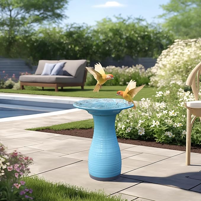 LuxenHome 20 Inch Ceramic Bird Bath for Outside, Elegant Tall Outdoor Bird Bath, Lightweight Pedestal Glazed Birdbaths for Outdoors with Leaf Pattern, Sky Blue-VerdiqueGarden