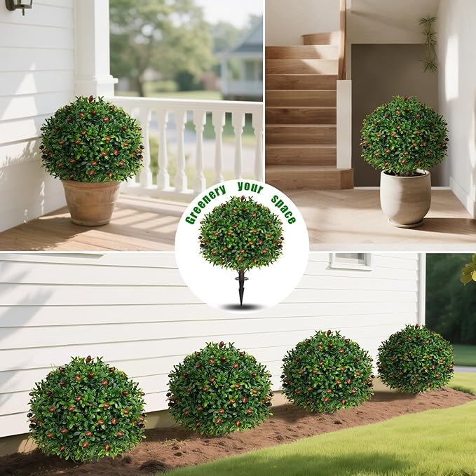 Artificial Olive Topiary Ball Trees with Ground Spike, Set of 2 UV Resistant Artificial Shrubs, Fake Evergreen Artificial Plant Bushes for Indoor Outdoor Front Porch Garden-VerdiqueGarden