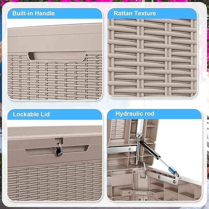 260 Gallon Large Resin Deck Box, Lockable Outdoor Storage Box for Patio Cushions Storage Furniture,Garden Tools, Pool Supplies, Weatherproof and UV Resistant- Grey Rattan (260 Gallon)-VerdiqueGarden