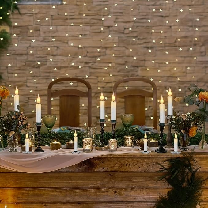 DRomance Christmas Tree Flameless Taper Candle Lights Battery Operated with 10-Key Remote and Timer, 10 Pack Plastic 3D Wick Flickering LED Taper Candles Multi-Using Home Garden Holiday Decor 3.4"-VerdiqueGarden