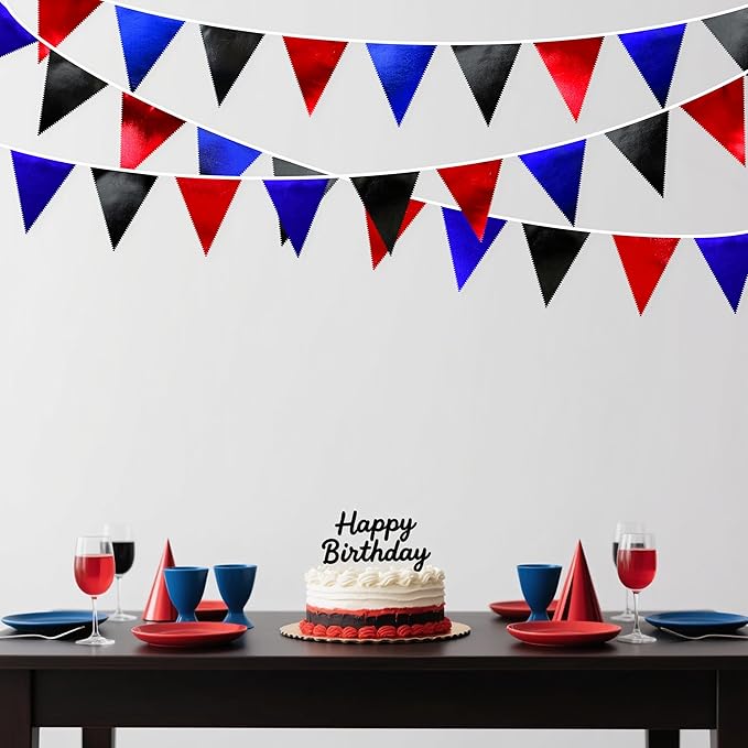 Navy Blue Red Black Party Decorations Metallic Fabric Triangle Pennant Banner Flag Bunting Garland for Graduations Birthday Retirement 4th of July USA Patriotic Veterans Party Decorations Supplies-VerdiqueGarden