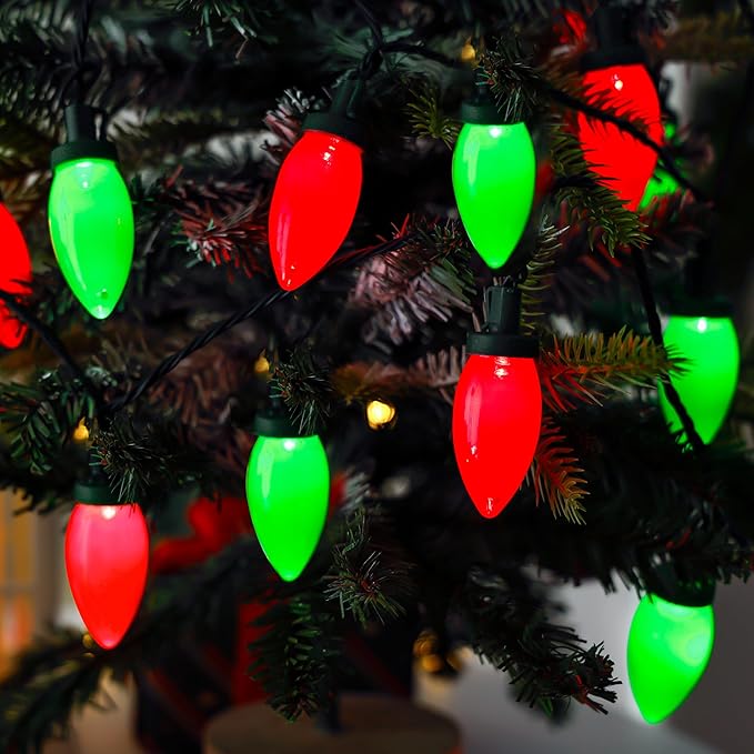 C9 Bulbs Classic Christmas Lights - 50 LED 32ft Strawberry String Light Red&Green - Extendable 8 Modes Funtion with Timer Fairy Lighting for Outdoor, Indoor, Party, Home, Tree Decorations-VerdiqueGarden