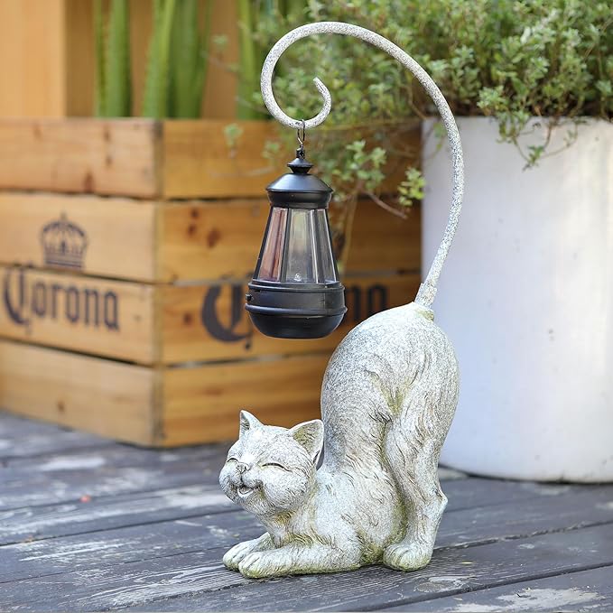 Laughing Cat Figurine with Solar-Powered LED Light, 15.7 Inches Tall Marble, Perfect for Gift Garden Decor or Housewarming for Cat Lovers.-VerdiqueGarden
