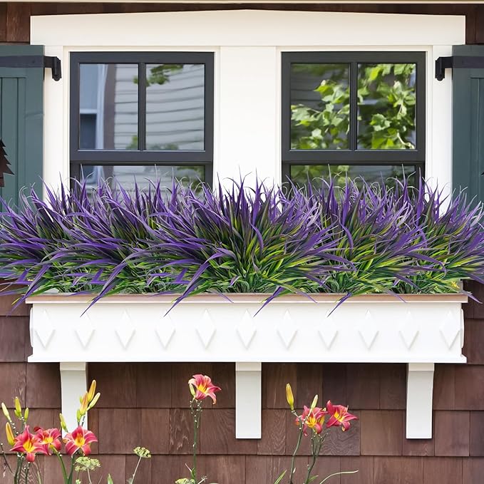Uieke 6 Bundles Artificial Outdoor Plants UV Resistant Fake Grass Plants Faux Plastic Plants Greenery Shrubs for Home Garden Pathway Window Box Front Porch Spring Summer Decor, Purple-VerdiqueGarden