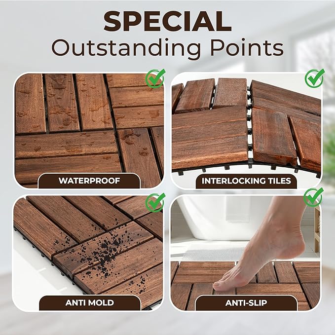 Pack of 10 Deck Tiles - 12"x12" Interlocking Natural Solid Acacia Wood for Outdoor & Indoor, Patio Garden, Balcony, Poolside - Dark Brown Color-VerdiqueGarden