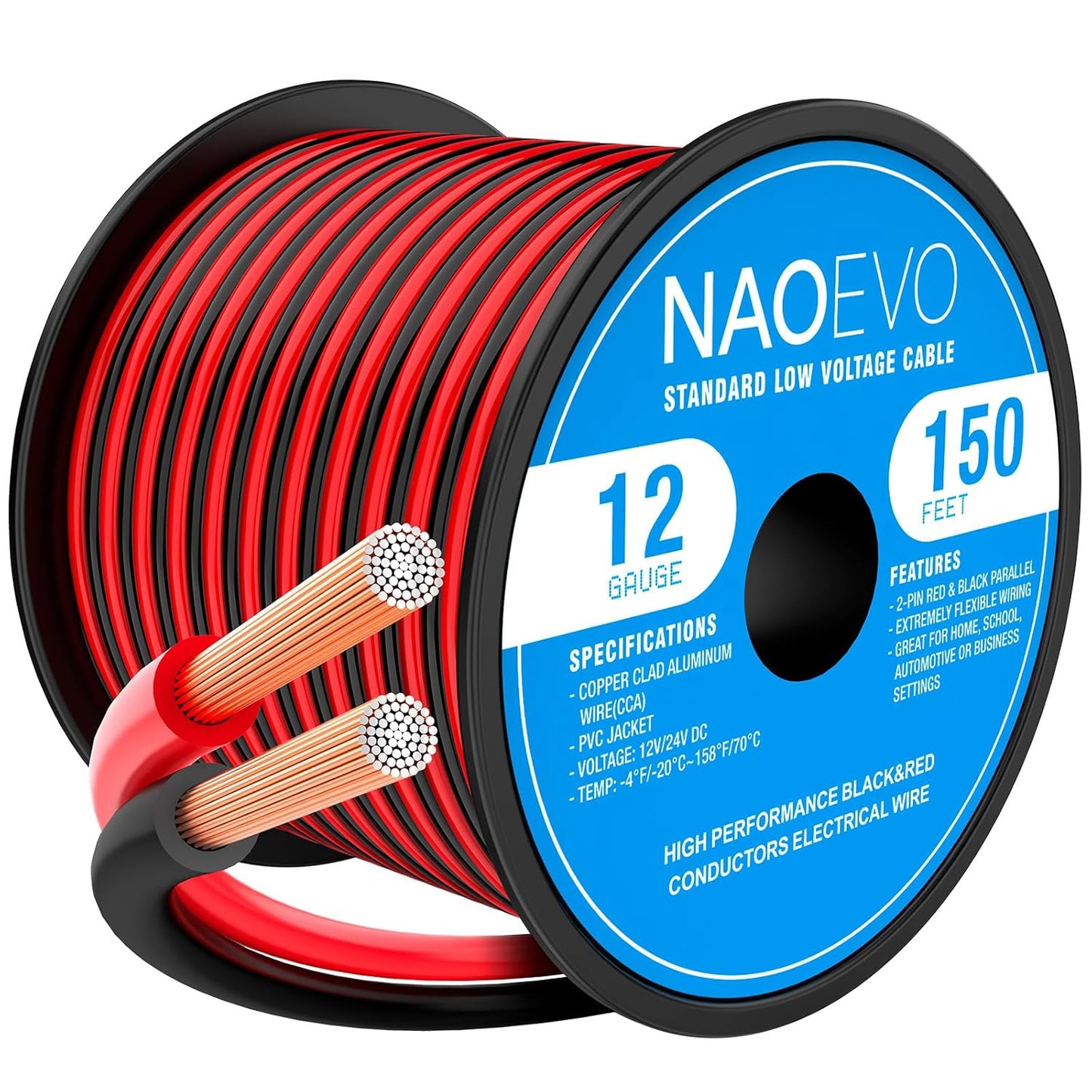 NAOEVO 12 Gauge Wire 150FT, 2 Conductors Electrical Wire Red Black Cable, Flexible/Low Voltage/PVC 12 AWG Copper Clad Aluminum Extension Cord for Speaker, LED Strips, Automotive 12V/24V DC-VerdiqueGarden