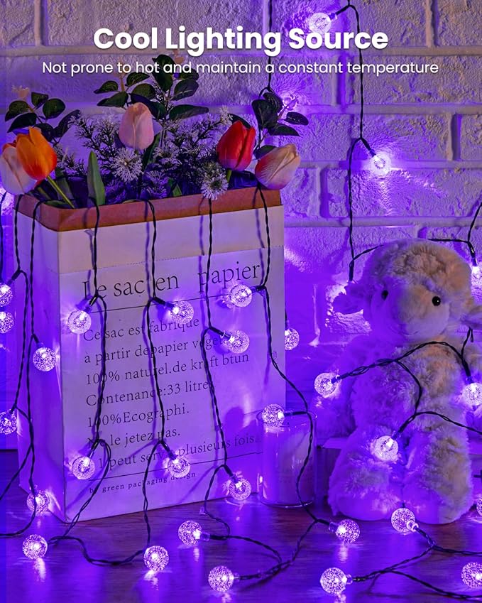 Brightown Purple Solar Halloween Lights Outdoor 60 Led 36 Feet Crystal Globe String Lights with 8 Lighting Modes, Waterproof Solar Powered Patio Lights for Garden Yard Porch Decor (Purple)-VerdiqueGarden
