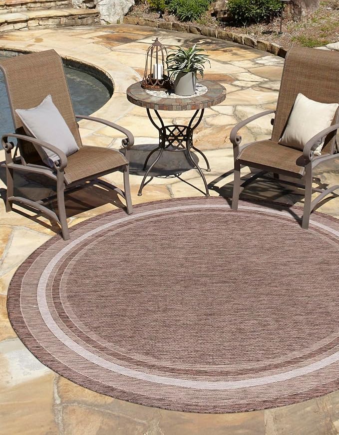 Unique Loom Outdoor Border Collection Area Rug - Soft Border (7' 10" Round Brown/Ivory)-VerdiqueGarden