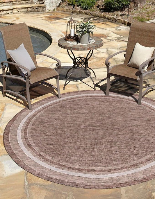 Unique Loom Outdoor Border Collection Area Rug - Soft Border (7' 10" Round Brown/Ivory)-VerdiqueGarden