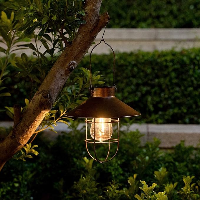 HUYIENO 2Pack Solar Metal Hanging Lantern with Shepherd Hook Outdoor Led Garden Lights Brushed Copper-VerdiqueGarden