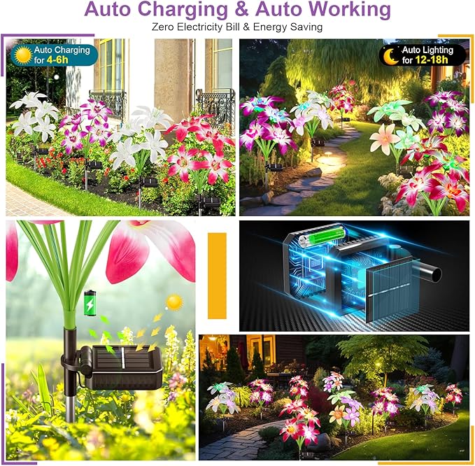 Solar Lights Outdoor Waterproof, 4 Pack Upgraded Garden Lights Solar Powered with 16 Double Layer Lily Flowers, Colorful Outdoor Solar Lights for Outside Yard Patio Garden Decor-VerdiqueGarden