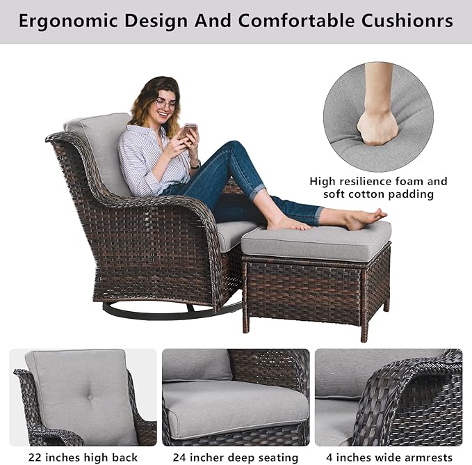 Wicker Outdoor Furniture Patio Furniture Set - 6 Piece Patio Conversation Set with Swivel Rocker Chairs, Loveseat Sofa, Ottomans and Coffee Table, Gray Cushion-VerdiqueGarden