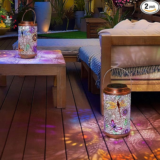 Go2garden 2Pack Solar Outdoor Lanterns Waterproof Dragonfly Garden Gifts for Women Patio Decor Lights Metal Lantern for Yard, Tabletop, Porch, Outside,Mothers Day Gifts for Mom Women-VerdiqueGarden