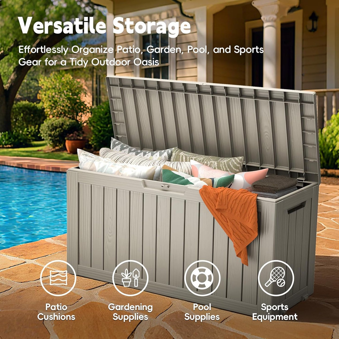 Outdoor Storage Box, 72 Gallon Waterproof Resin Deck Box, Storage Bin for Package Delivery, Patio Furniture Cushion, Garden Tools, Pool Accessories, Weatherproof and UV Resistant, Grey-VerdiqueGarden