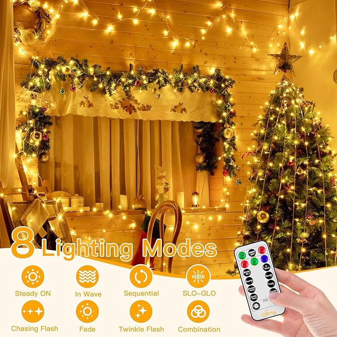 Ollny Christmas Lights Outdoor Waterproof, 1000LED 328FT Super Long String Lights with Remote 3 Timer, Plug in 8 Modes Fairy Light for Outside House Bedroom Xmas Decorations, Warm White-VerdiqueGarden