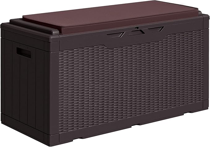 Greesum 100 Gallon Resin Deck Box Large Outdoor Storage with Cushions for Patio Furniture, Garden Tools, Pool Supplies, Weatherproof and UV Resistant, Lockable, Dark Brown-VerdiqueGarden