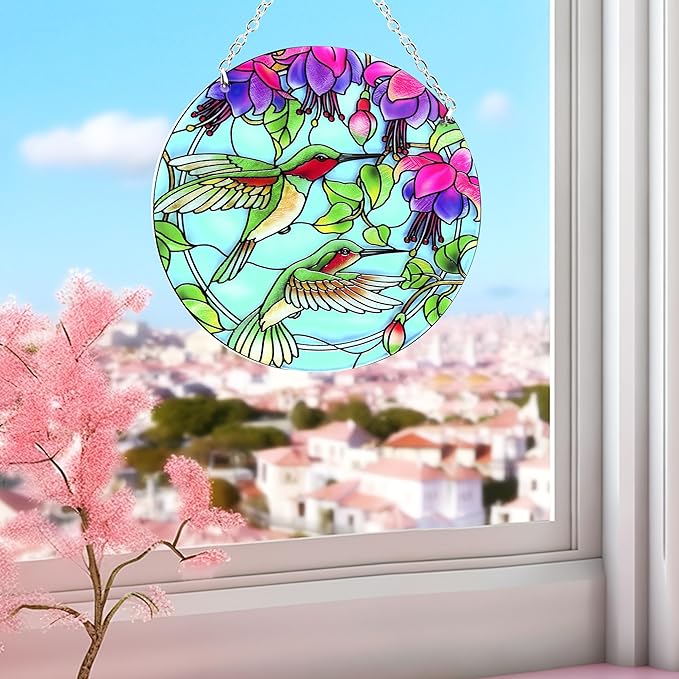 Hummingbird Suncatcher Stained Glass - Hummingbird Gifts for Women, Birds Suncatchers for Windows - Birds Window Hangings with Chain and Hook, 6 inch Stained Glass Suncatcher for Mom-VerdiqueGarden