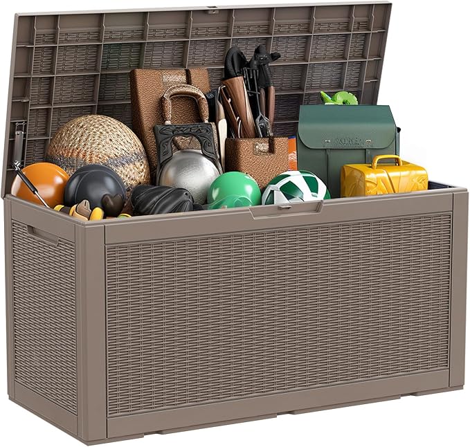 100 Gallon Resin Deck Box, Lockable Patio Outdoor Storage Box for Furniture, Garden Tools and Tools Storage, Waterproof Outside Storage Box - Grey-VerdiqueGarden