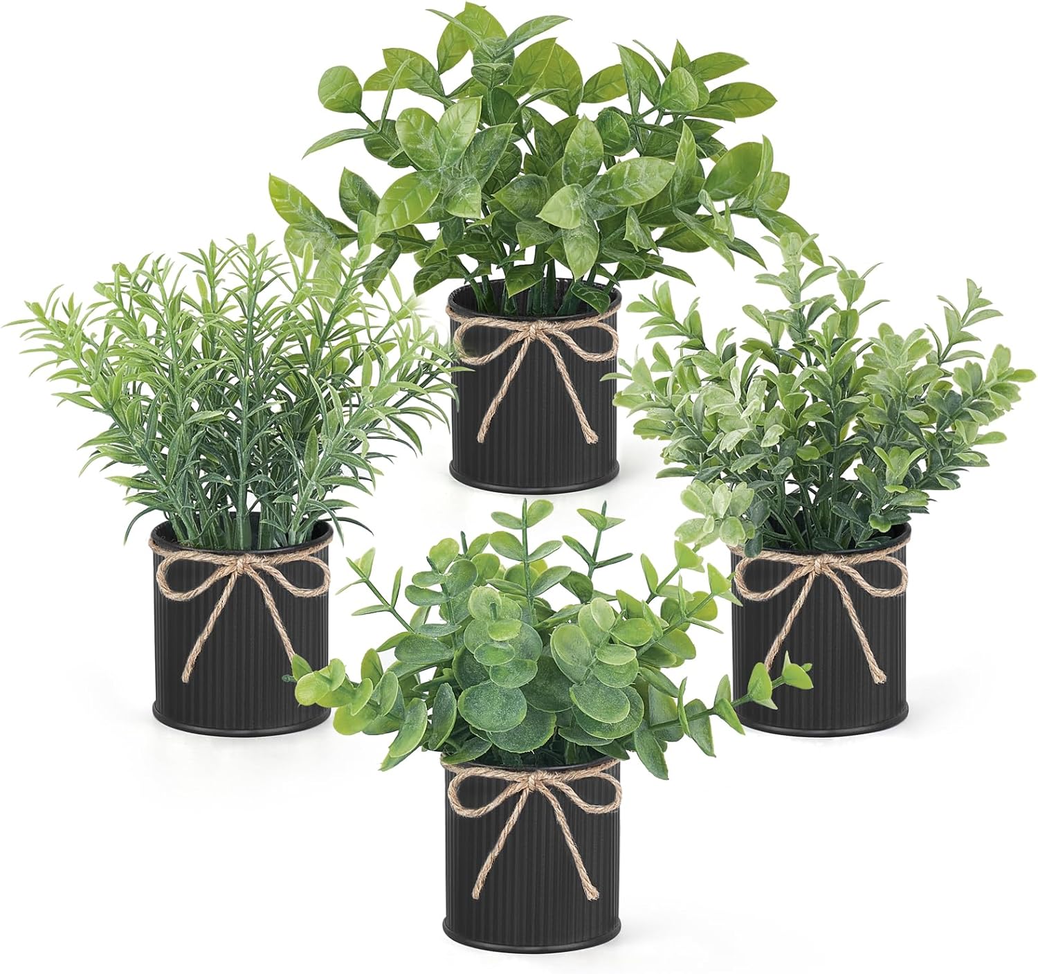 Mkono 4 Packs Small Fake Plants in Farmhouse Galvanized Pots Mini Potted Artificial Eucalyptus Plants for Halloween Decorations Shelf Office Bathroom Rustic Home Decor (Black)-VerdiqueGarden