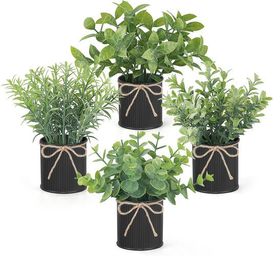 Mkono 4 Packs Small Fake Plants in Farmhouse Galvanized Pots Mini Potted Artificial Eucalyptus Plants for Halloween Decorations Shelf Office Bathroom Rustic Home Decor (Black)-VerdiqueGarden