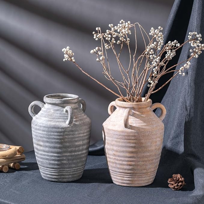 Grey Terracotta Ceramic Vase with Handles, Vintage Rustic Pottery Vases for Table Centerpiece, Cottage Core Home Decor, Large Flower Vases for Bouquet Entryway Mantel Bookshelf Living Room 8.9 Inch-VerdiqueGarden