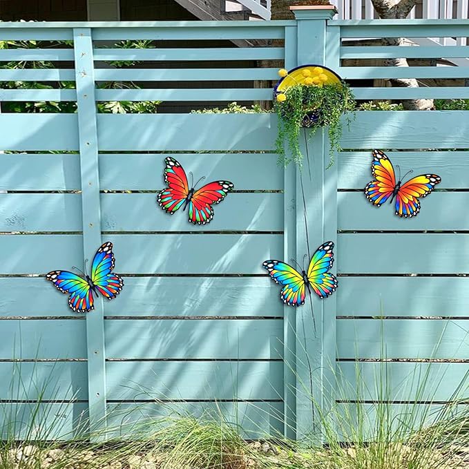 Oraytteo Metal Butterfly Outdoor Wall Decor - 4 Pack 9.8in Metal Butterflies Fence Art Decoration, Indoor Outdoor Patio Backyard Garden Decorations, Gift for Mom Dad Friends-VerdiqueGarden