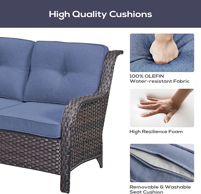 Outdoor Furniture Sectional Sofa L Shaped Couch - Patio Wicker Set with 2 Swivel Glider Chairs, 8 Piece Rattan Patio Conversation Sets with Blue Cushion for Deck Backyard Sunroom-VerdiqueGarden