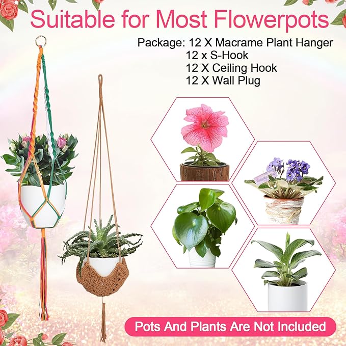 Hoteam 12 Pcs Macrame Plant Hangers Macrame Hanging Planters for Indoor Plants Handmade Boho Hanging Baskets Flower Pots Holder for Outdoor Home Wall Decor-VerdiqueGarden